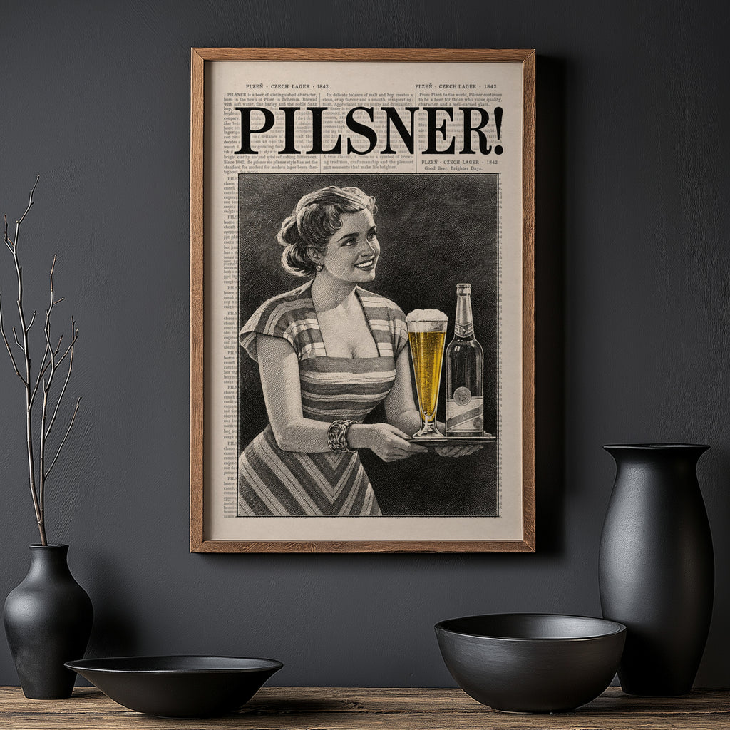 Vintage Pilsner Beer Print and Poster, Czech Lager Bar Art