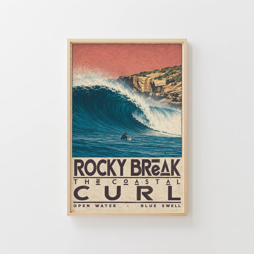 Vintage Surf Print, Rocky Break Poster, Coastal Wave