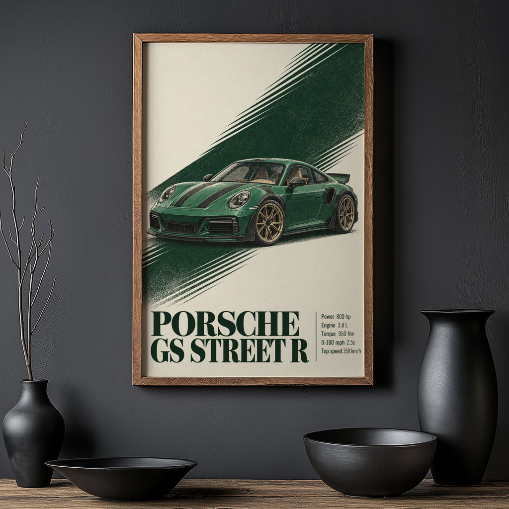 Vintage Porsche GS Street R Print, Green Car Art
