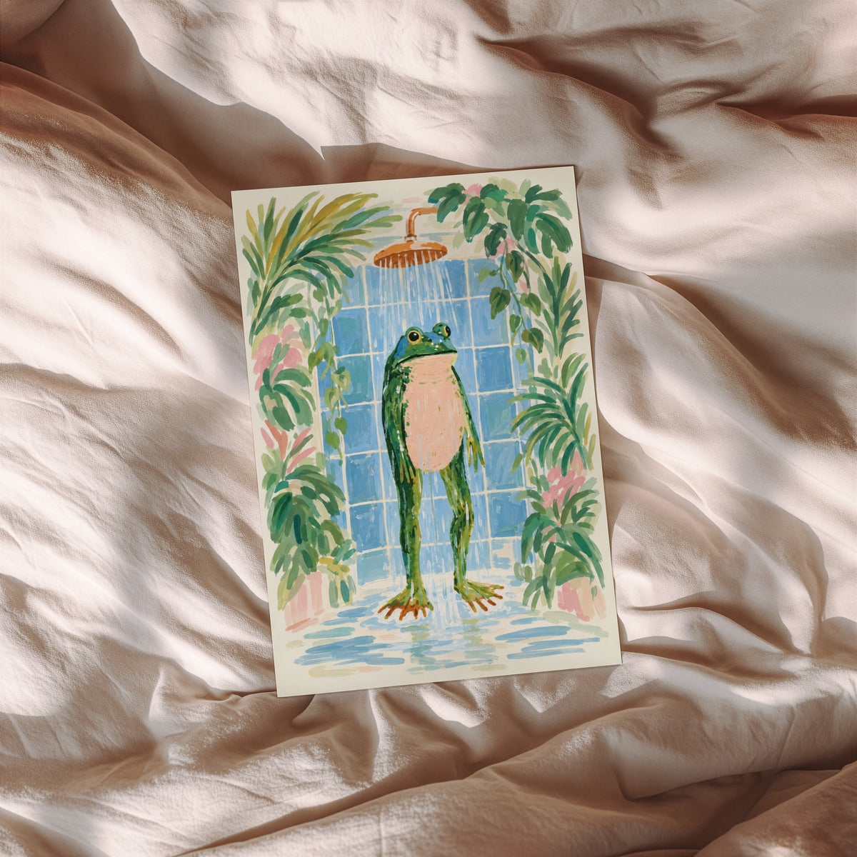Vintage Frog Shower Print and Poster, Bathroom Art