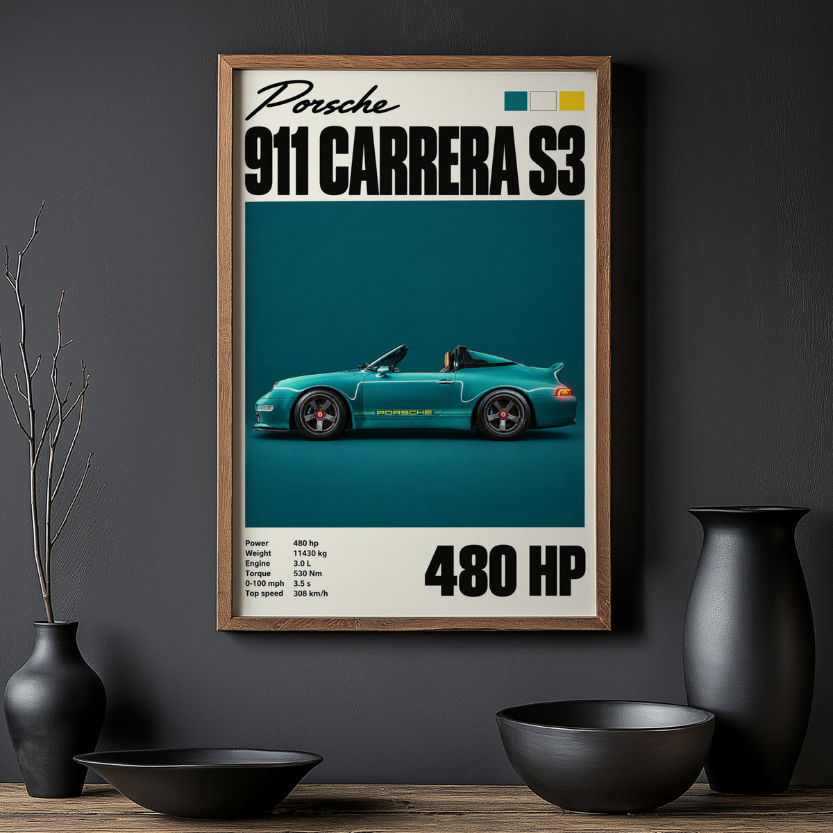 Vintage Porsche 911 Carrera S3 Print, Teal Car Art