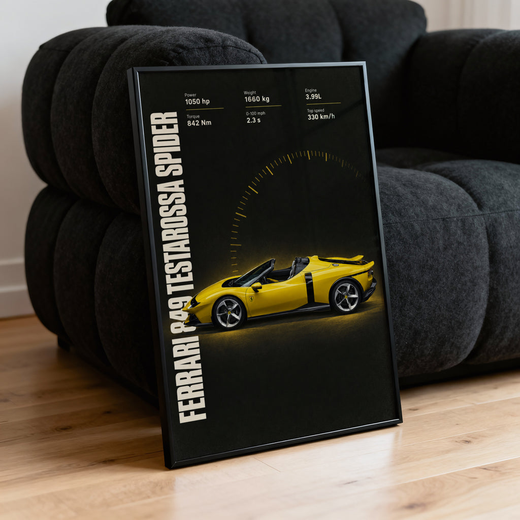 Vintage Ferrari Print, Yellow Supercar Wall Art