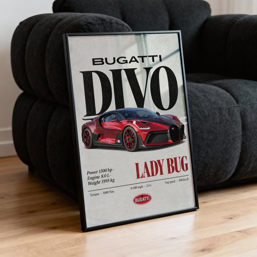 Vintage Bugatti Divo Lady Bug Print, Supercar Art
