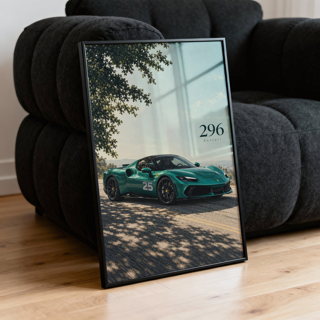 Vintage Ferrari 296 Car Print, Teal Green Wall Art