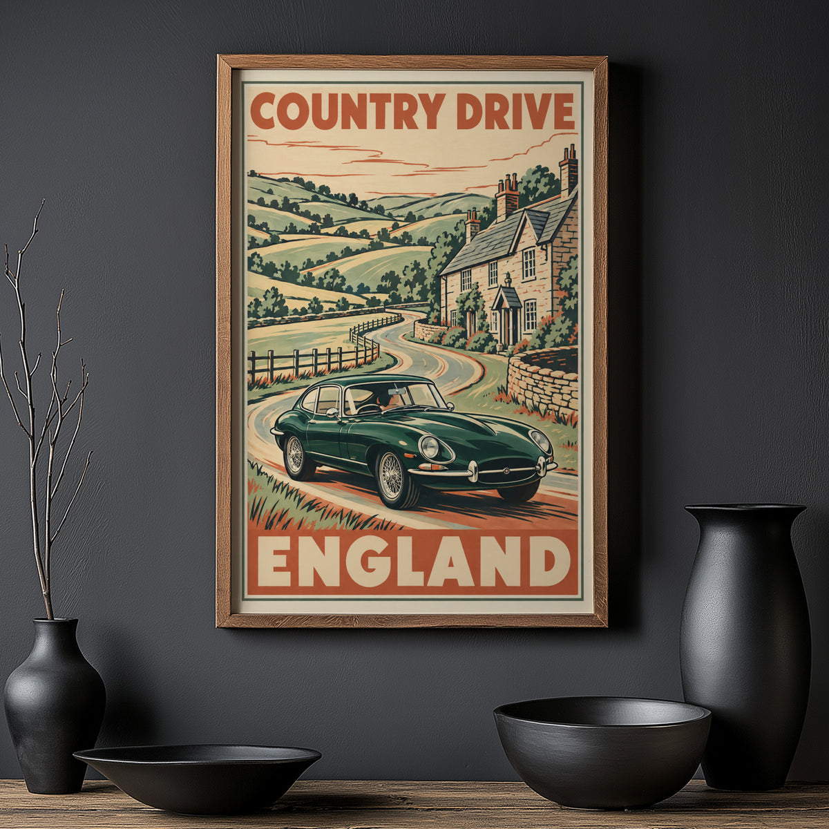 Vintage England Country Drive Poster, Classic Car Print