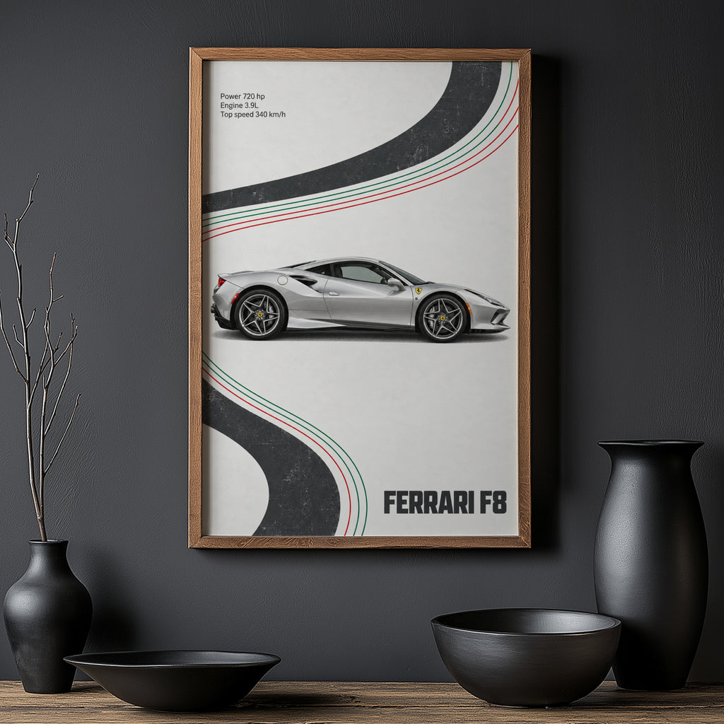 Vintage Ferrari F8 Print, Supercar Wall Art