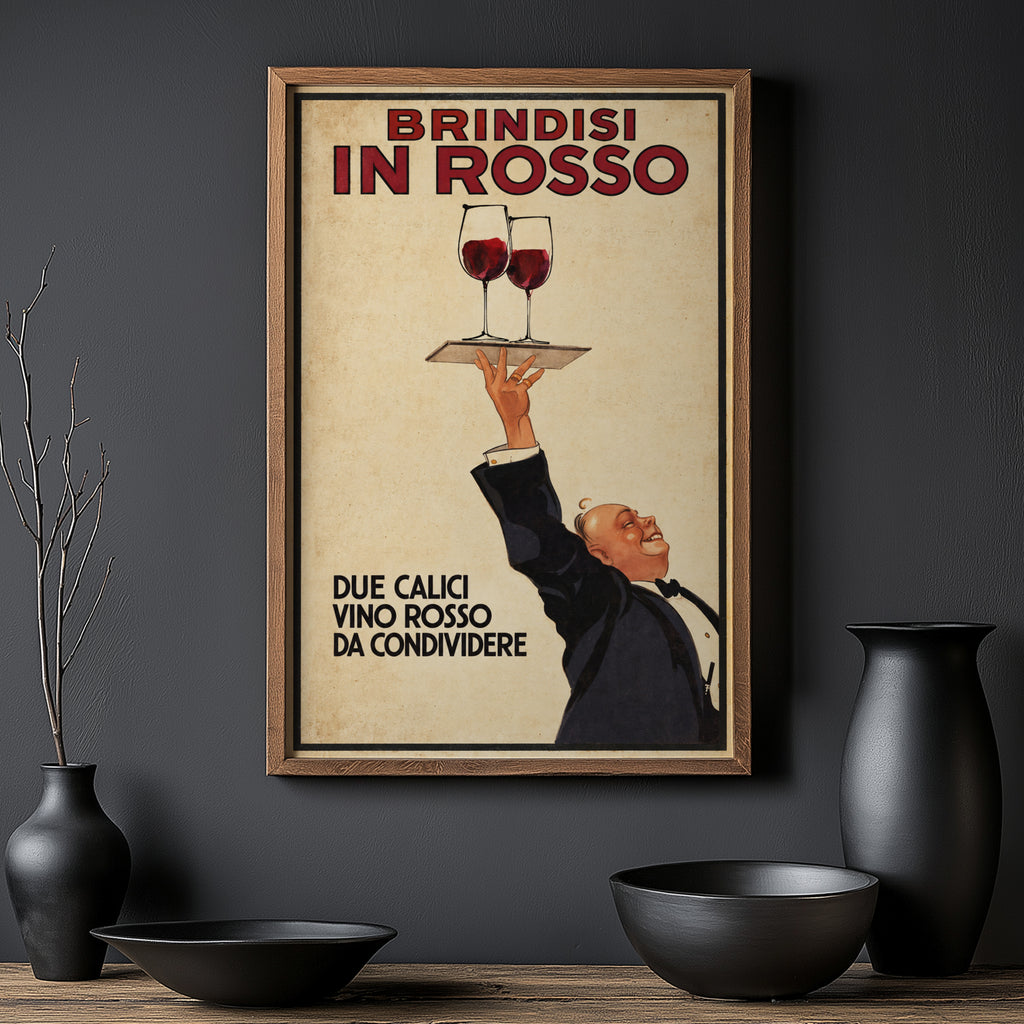 Vintage Red Wine Print Poster, Italian Waiter Art