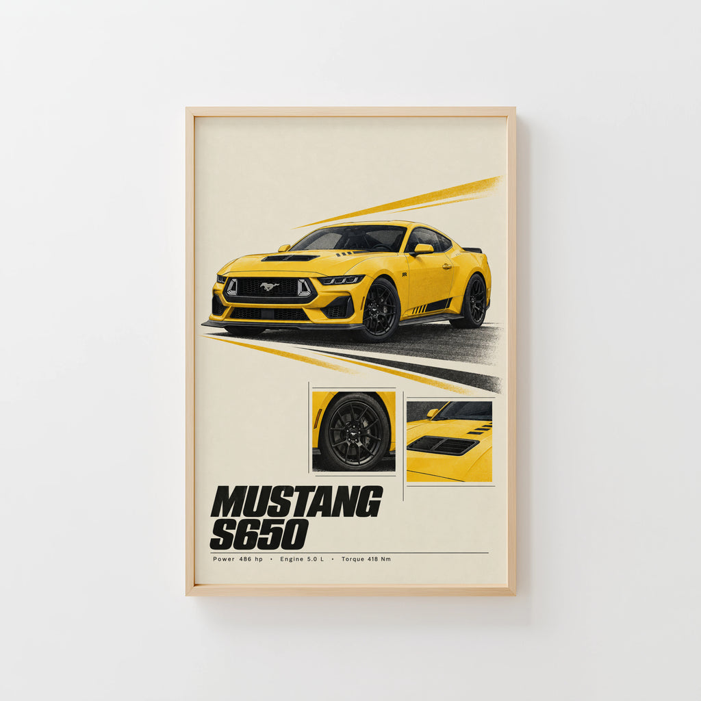 Vintage Mustang Print, Yellow Muscle Car Wall Art