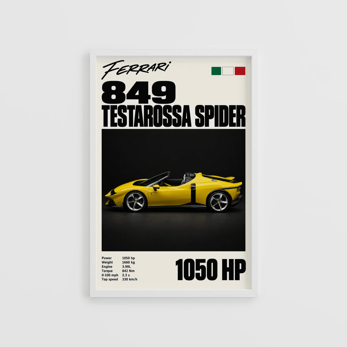 Vintage Ferrari Print, Yellow Supercar Wall Art
