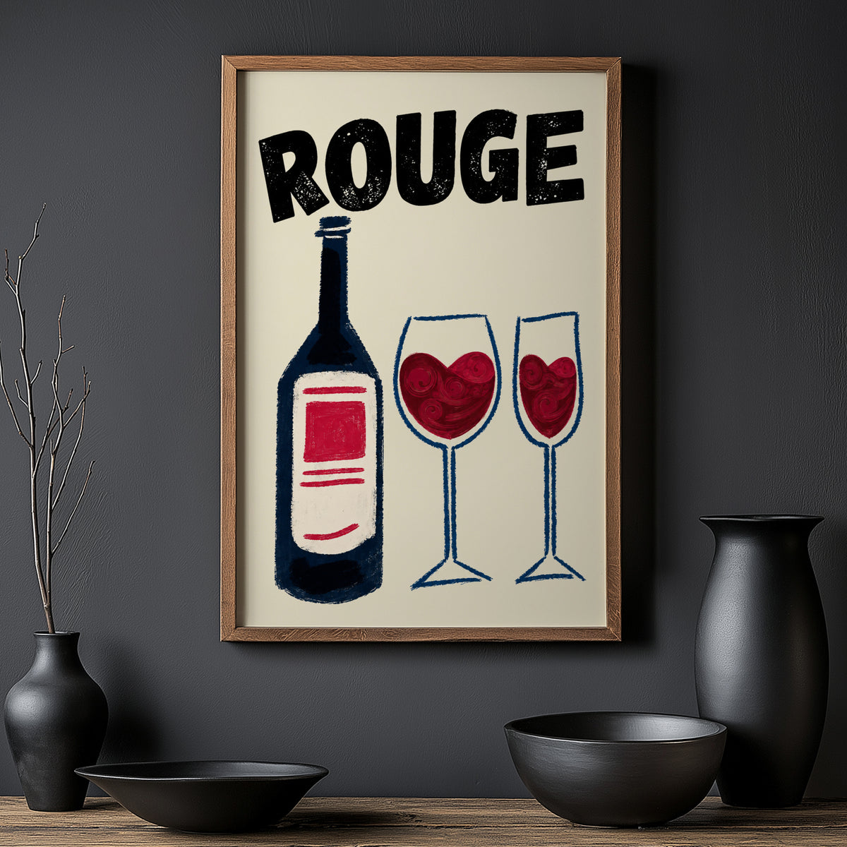 Vintage Rouge Red Wine Print Poster, Kitchen Wall Art