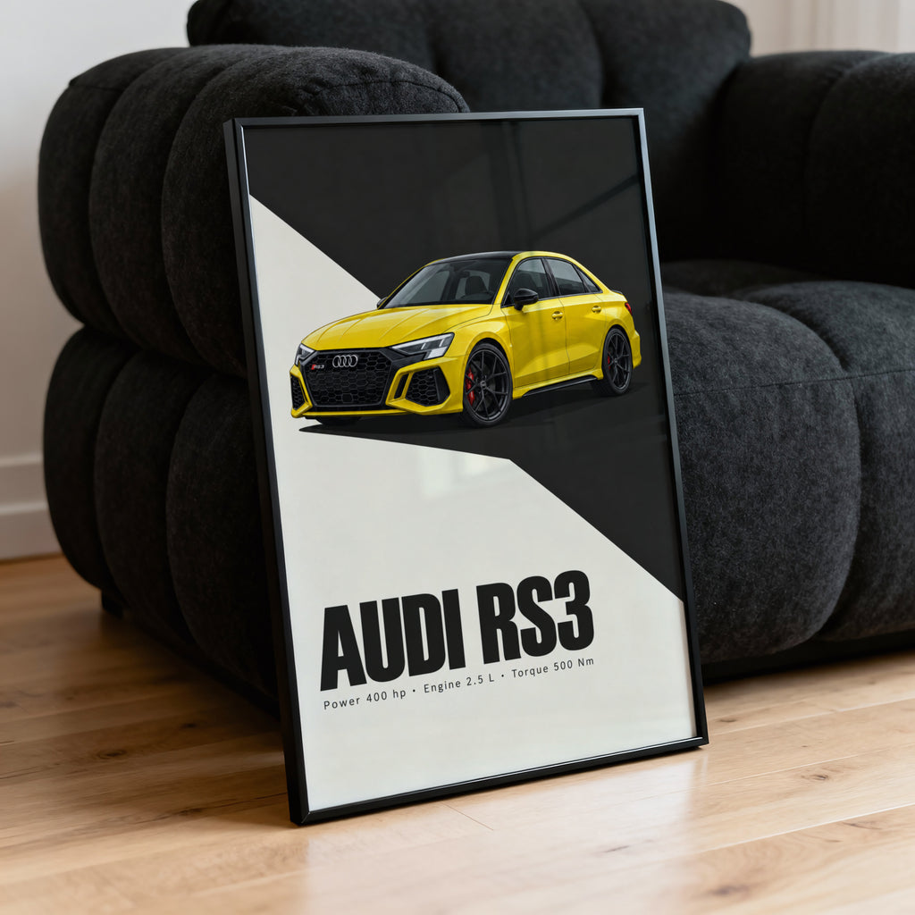 Vintage Audi RS3 Print, Yellow Car Wall Art