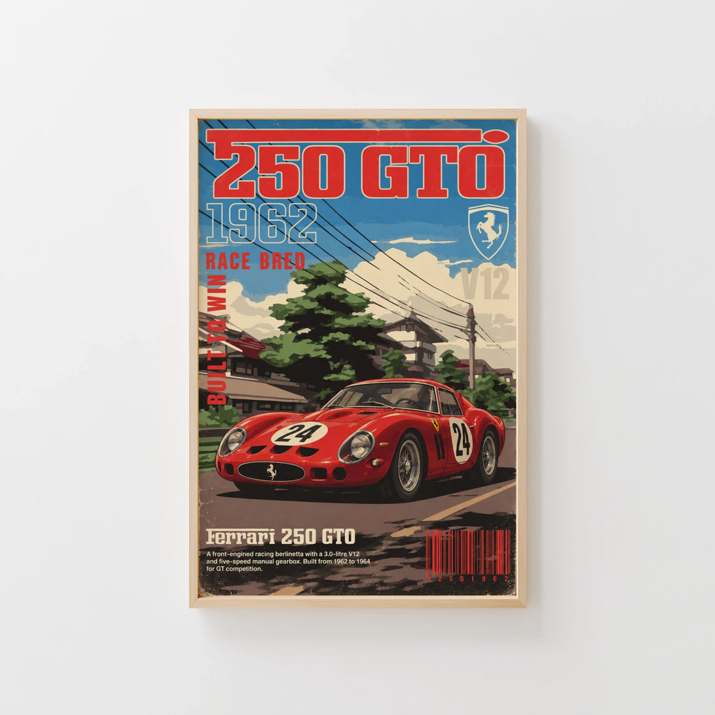 Vintage 1962 Ferrari 250 GTO Print, Classic Race Car Poster