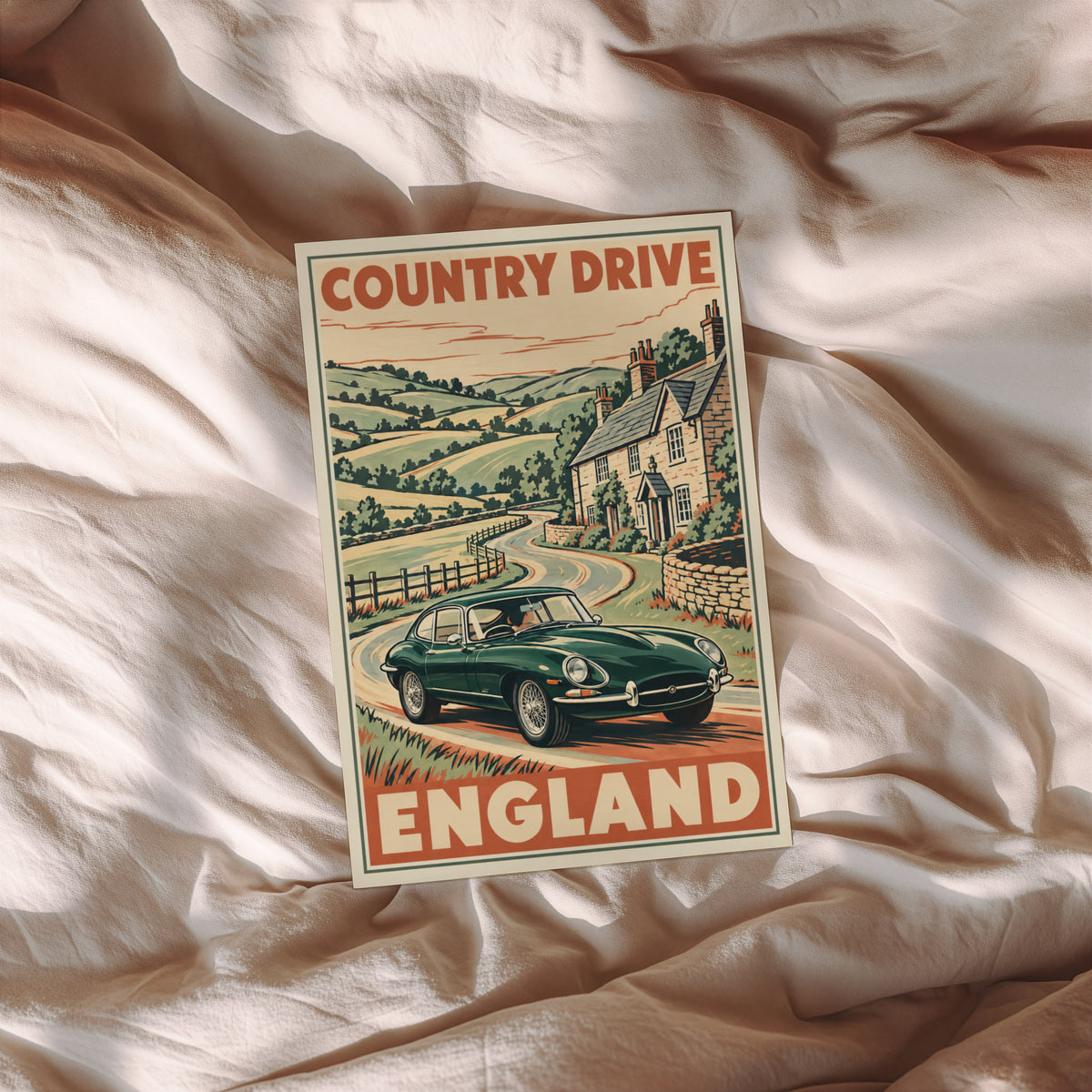 Vintage England Country Drive Poster, Classic Car Print