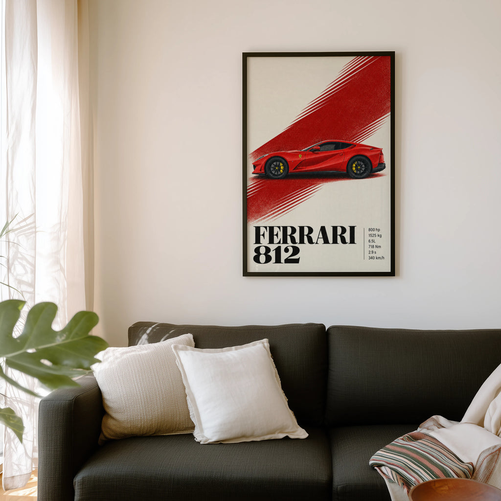 Vintage Ferrari 812 Print, Red Supercar Wall Art