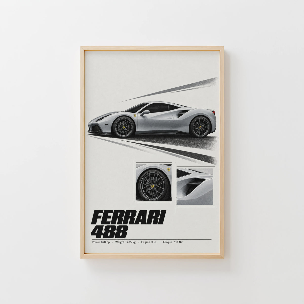 Vintage Ferrari 488 Print, Car Poster, Supercar Wall Art