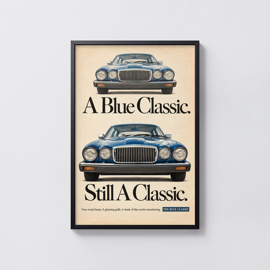 Vintage Blue Classic Car Print, Retro Advert Wall Art