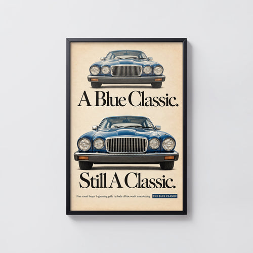 Vintage Blue Classic Car Print, Retro Advert Wall Art