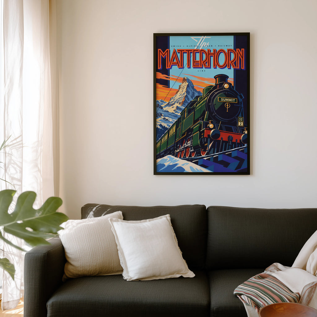 Vintage Matterhorn Train Print Poster, Swiss Alps Wall Art
