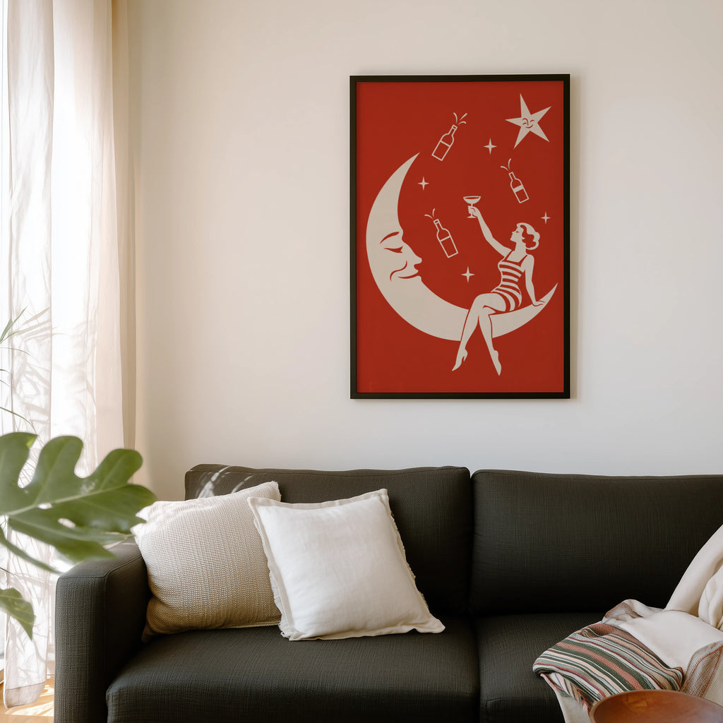 Vintage Wine Print Poster, Moon Lady Cocktail Art