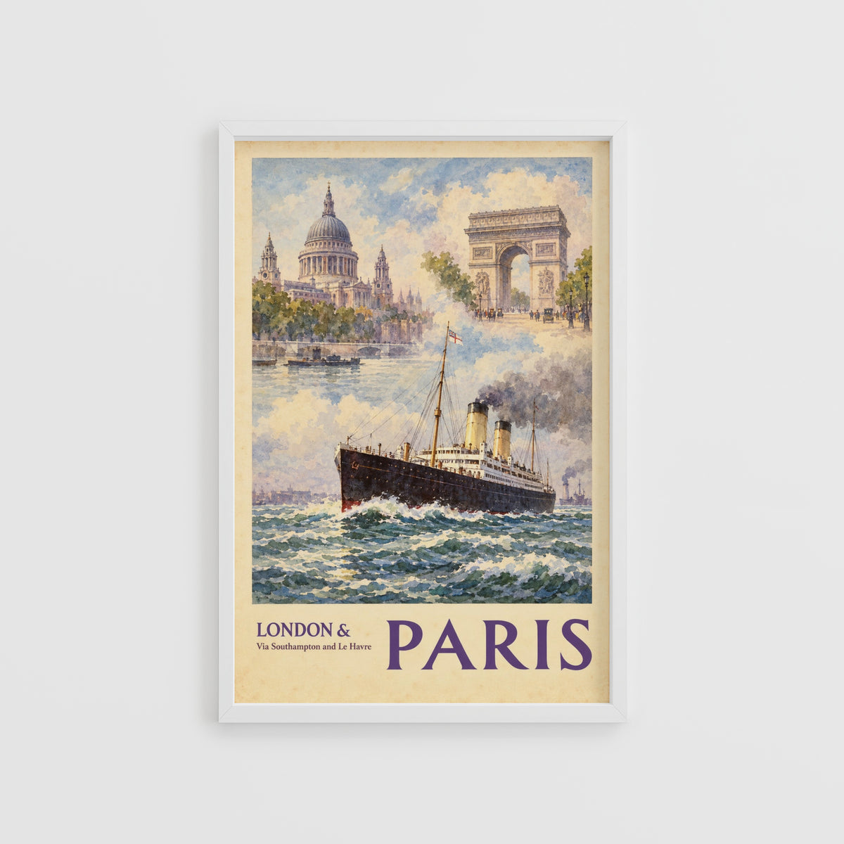 Vintage London to Paris Poster, Steamship Travel Print