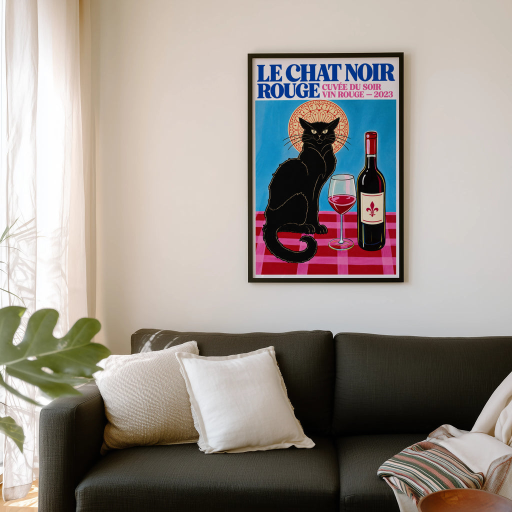 Vintage Black Cat Red Wine Print Poster, French Wall Art