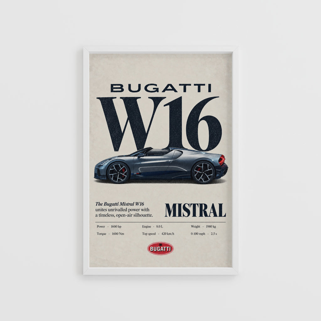 Vintage Bugatti W16 Mistral Print, Car Wall Art