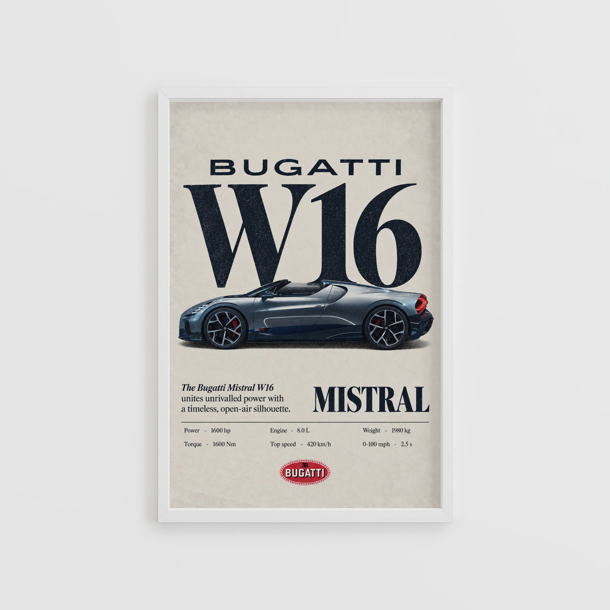 Vintage Bugatti W16 Mistral Print, Car Wall Art