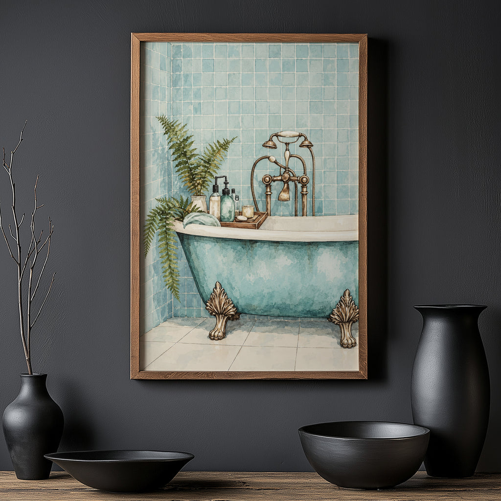 Vintage Clawfoot Bath Print and Poster, Aqua Bathroom Art