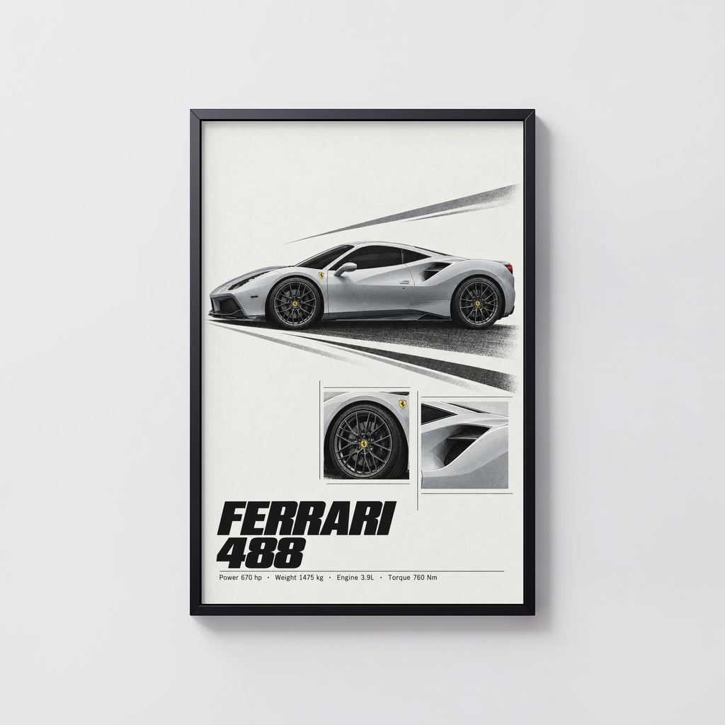 Vintage Ferrari 488 Print, Car Poster, Supercar Wall Art