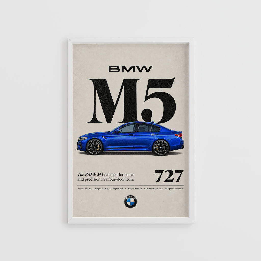 Vintage BMW M5 Print, Blue Sedan Car Wall Art