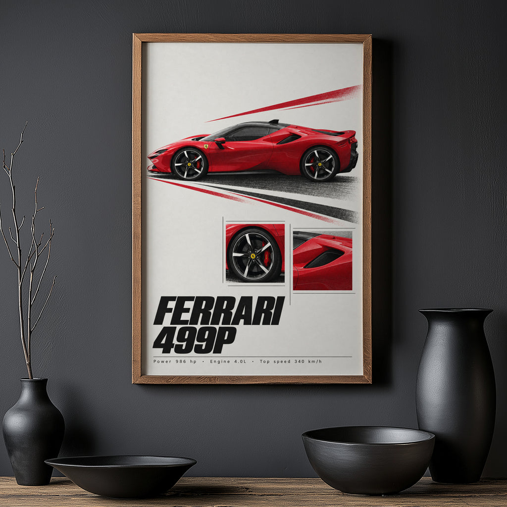 Vintage Ferrari 499P Print, Red Supercar Wall Art