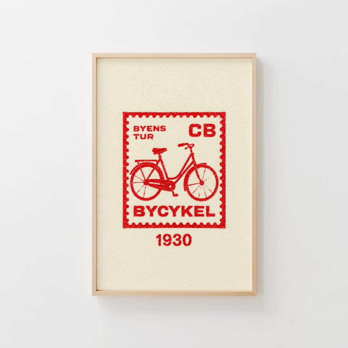 Vintage Bicycle Poster, Red Stamp Wall Art, Retro Print