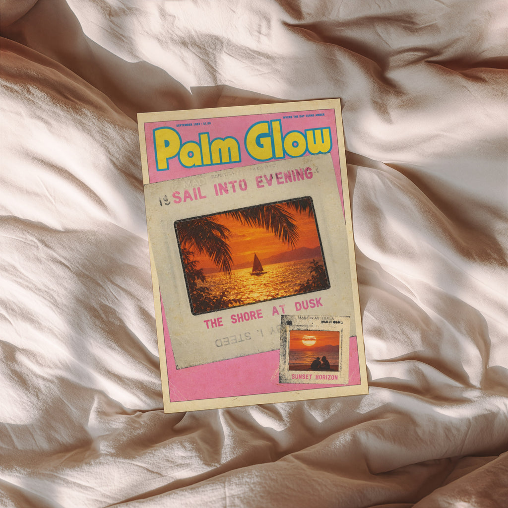 Vintage Palm Glow Print and Poster, Sunset Sailboat Art