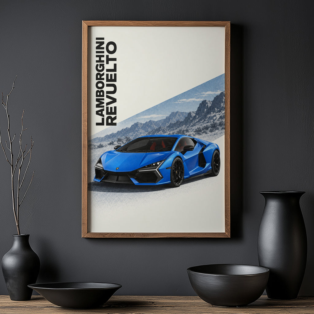 Vintage Lamborghini Revuelto Print, Blue Supercar