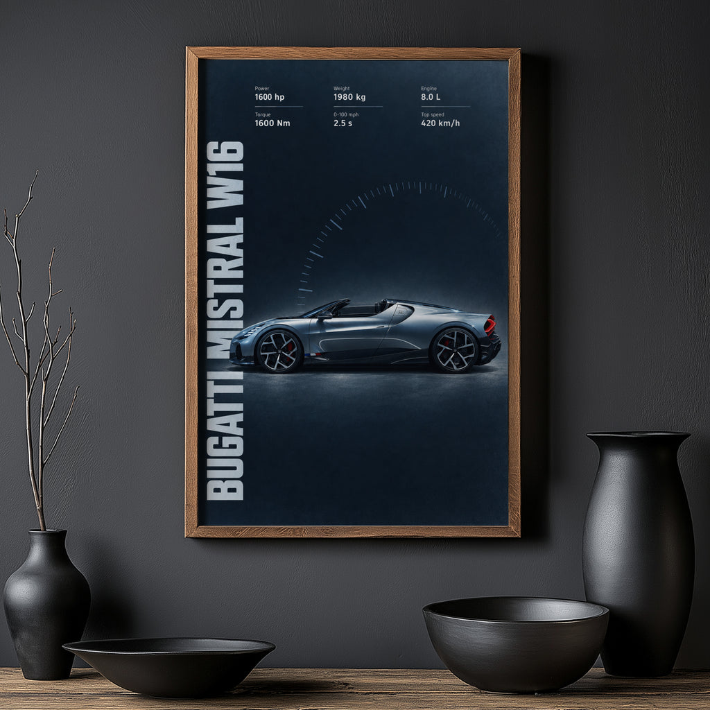 Vintage Bugatti Mistral W16 Print, Supercar Art