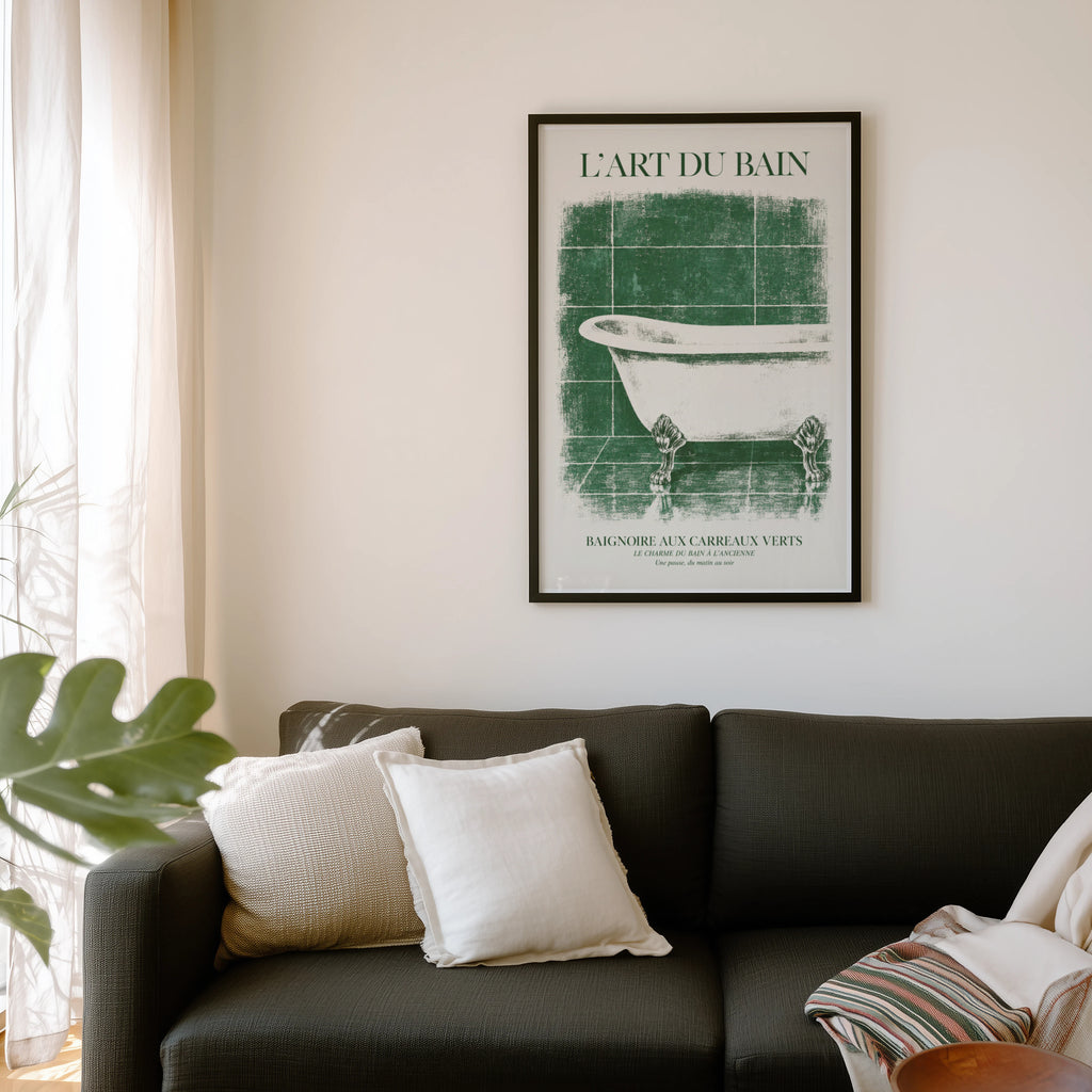 Vintage Bathroom Print and Poster, Green Tile Wall Art