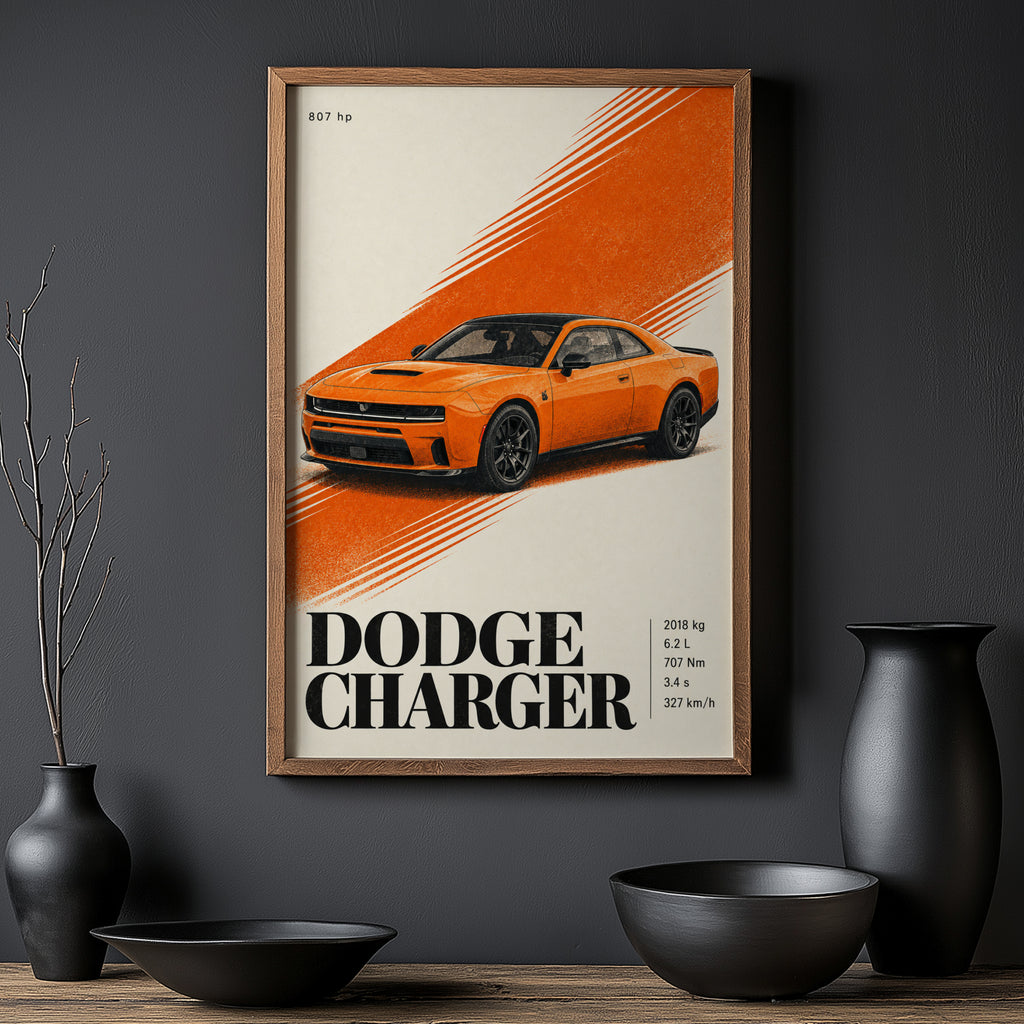 Vintage Dodge Charger Print, Orange Muscle Car