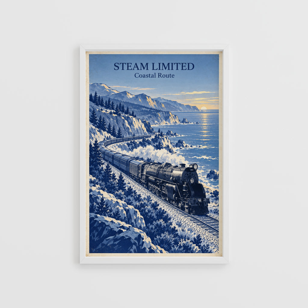 Vintage Steam Train Print Poster, Coastal Wall Art