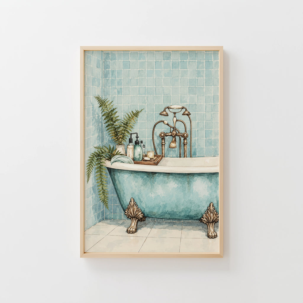 Vintage Clawfoot Bath Print and Poster, Aqua Bathroom Art
