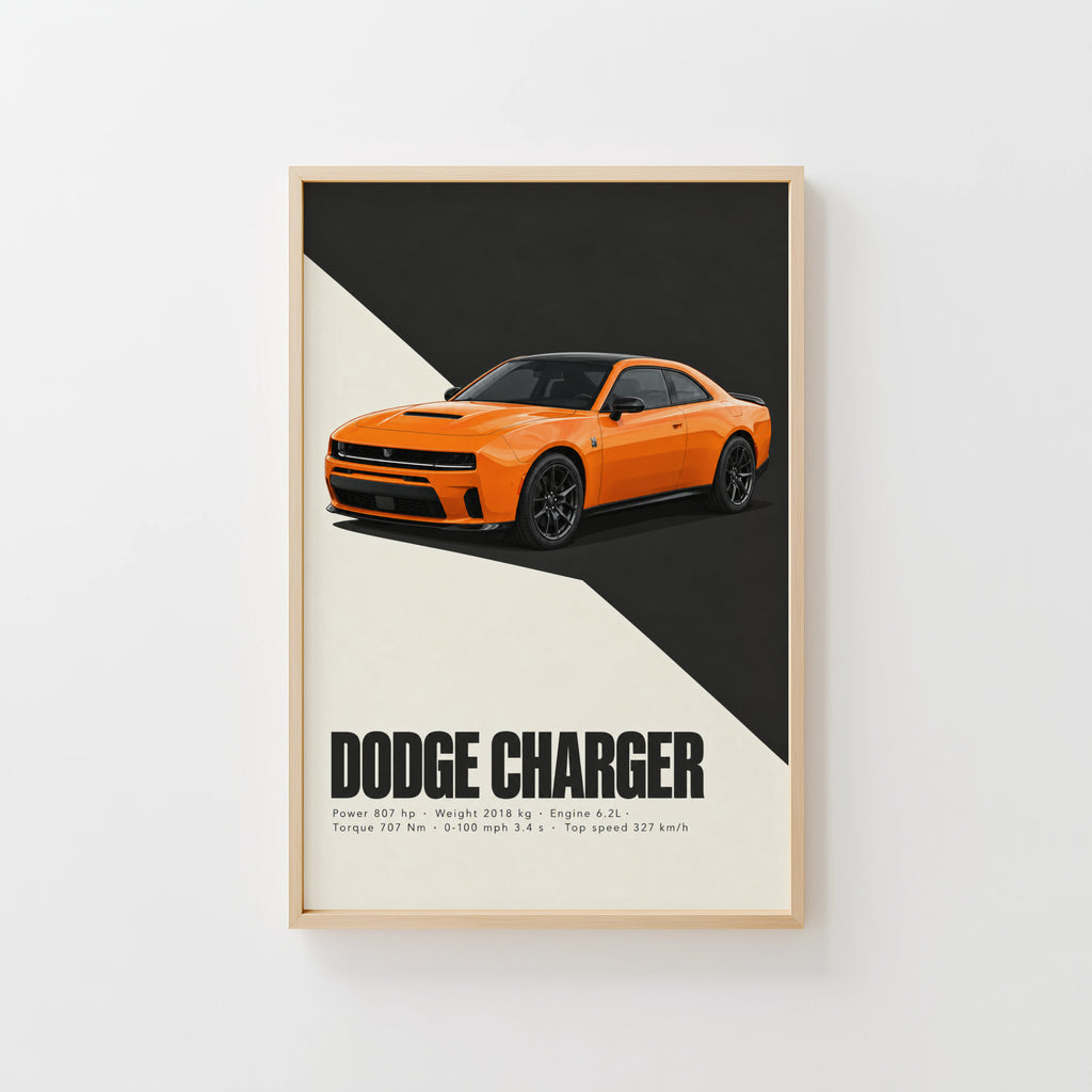 Vintage Dodge Charger Print, Orange Muscle Car Art