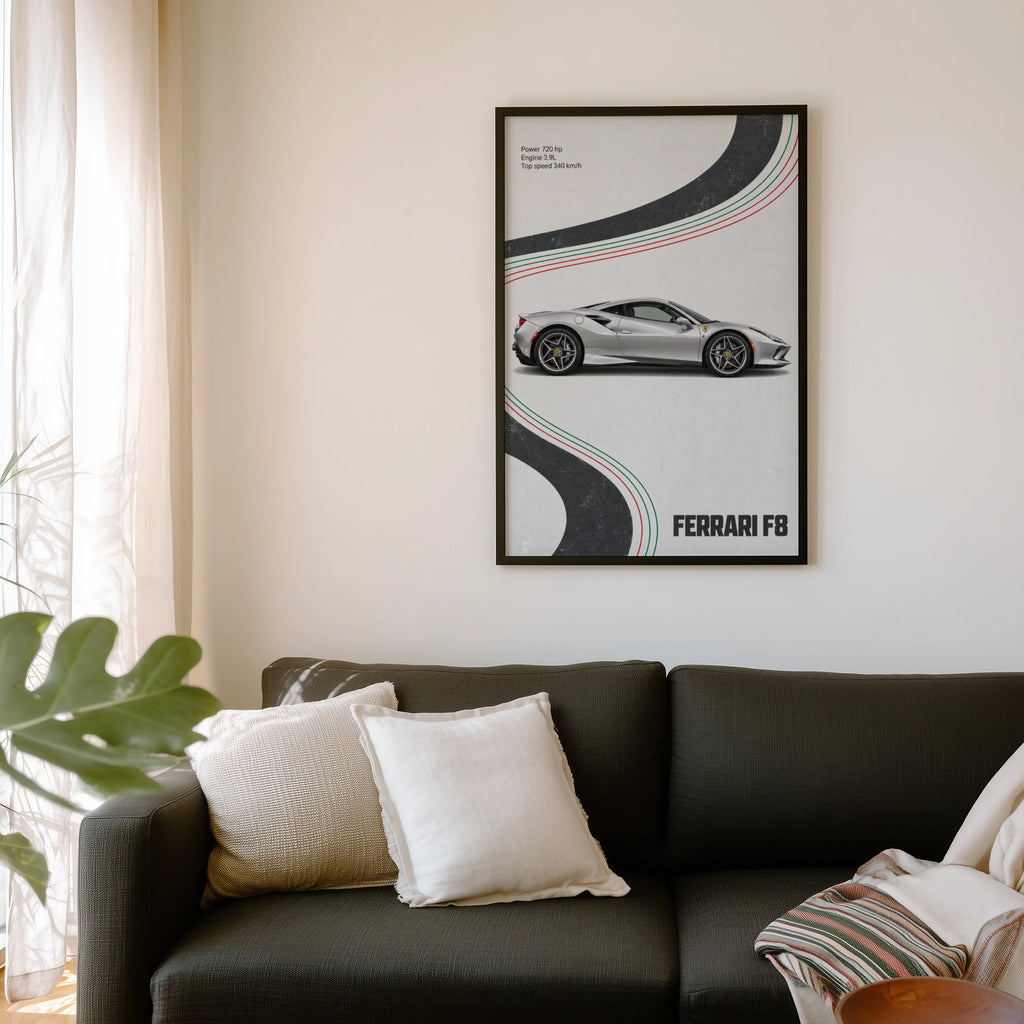 Vintage Ferrari F8 Print, Supercar Wall Art