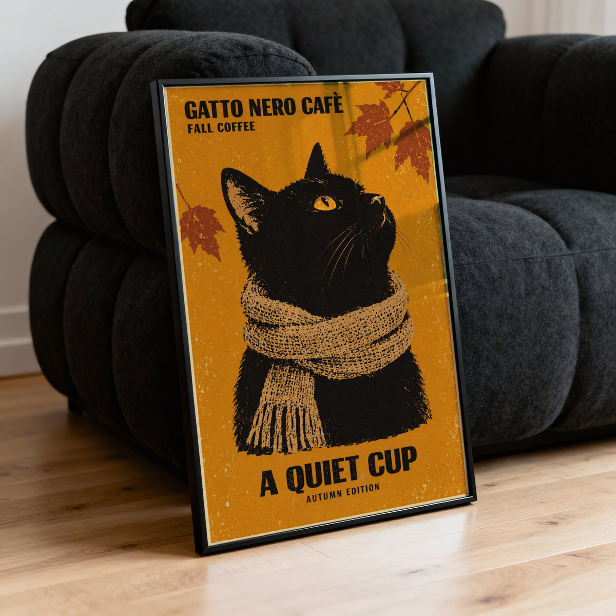 Vintage Black Cat Coffee Print, Autumn Poster