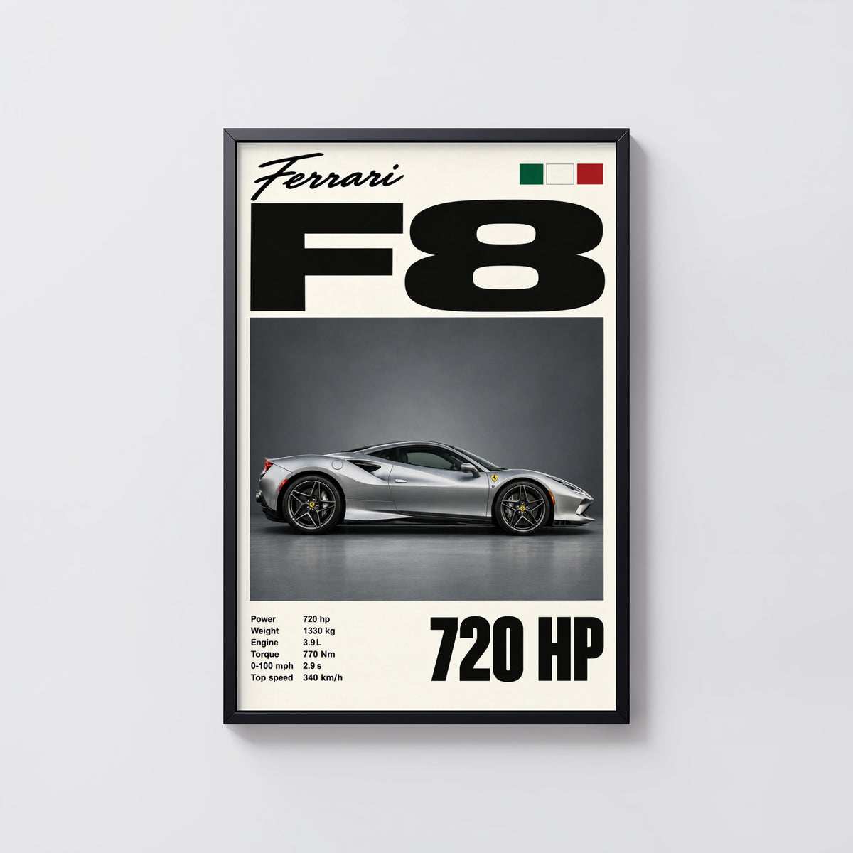 Vintage Ferrari F8 Print, Supercar Wall Art
