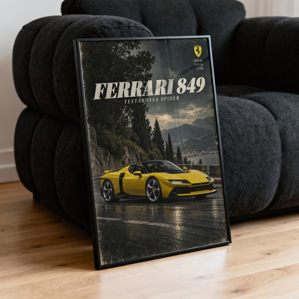 Vintage Ferrari Print, Yellow Supercar Wall Art