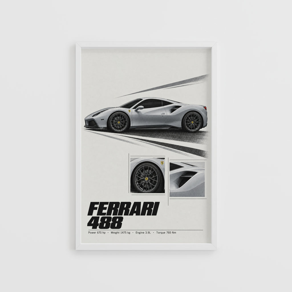 Vintage Ferrari 488 Print, Car Poster, Supercar Wall Art