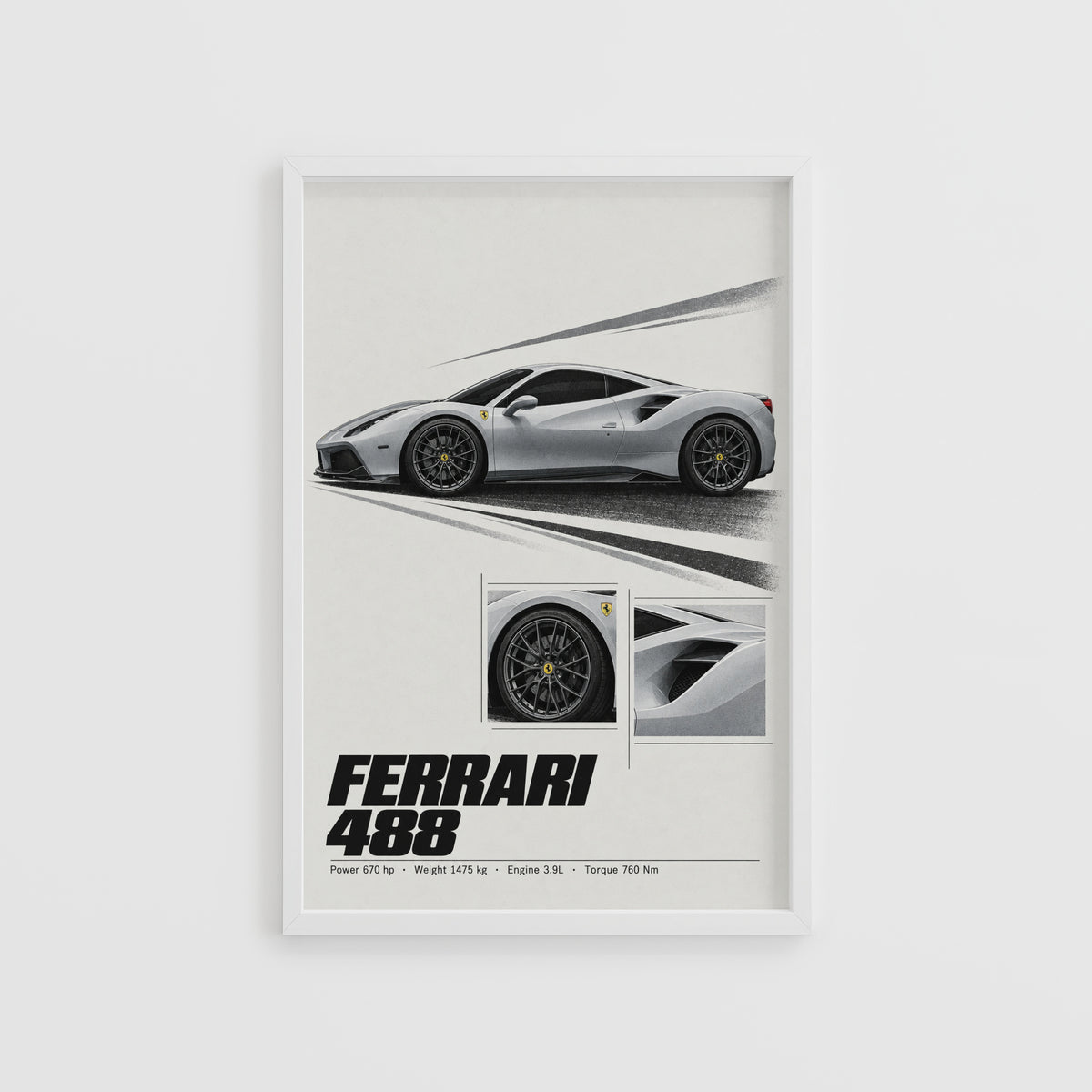Vintage Ferrari 488 Print, Car Poster, Supercar Wall Art