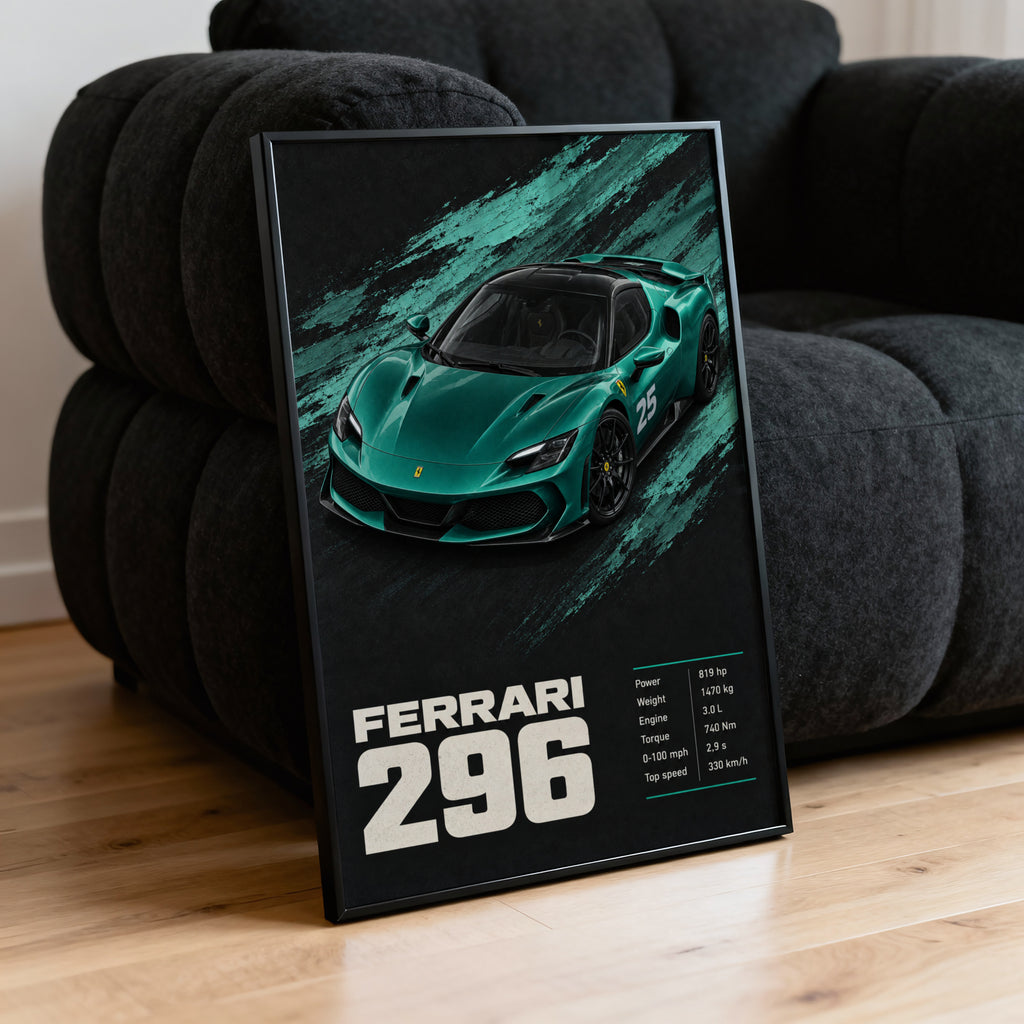 Vintage Ferrari 296 Print, Teal Car Wall Art