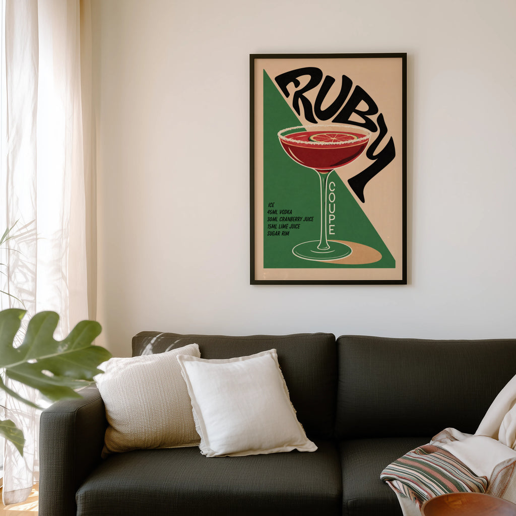 Vintage Ruby Cocktail Print Poster, Bar Cart Wall Art
