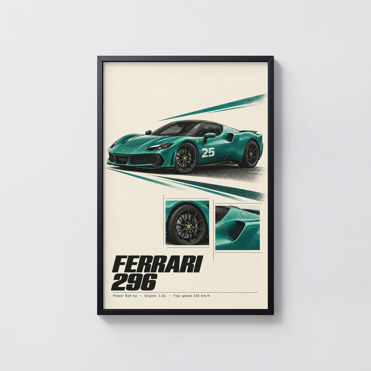 Vintage Ferrari 296 Print, Teal Supercar Wall Art