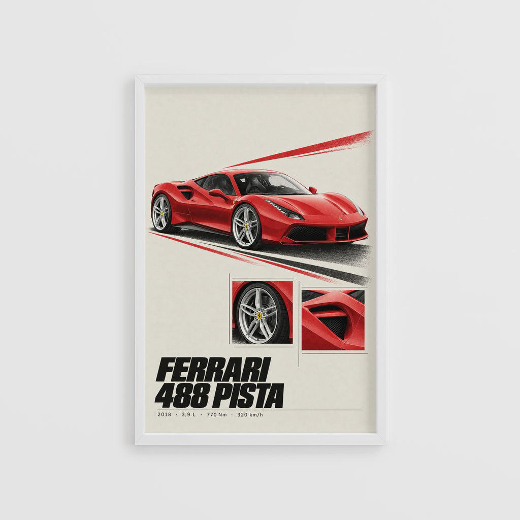 Vintage Ferrari 488 Pista Print, Supercar Wall Art
